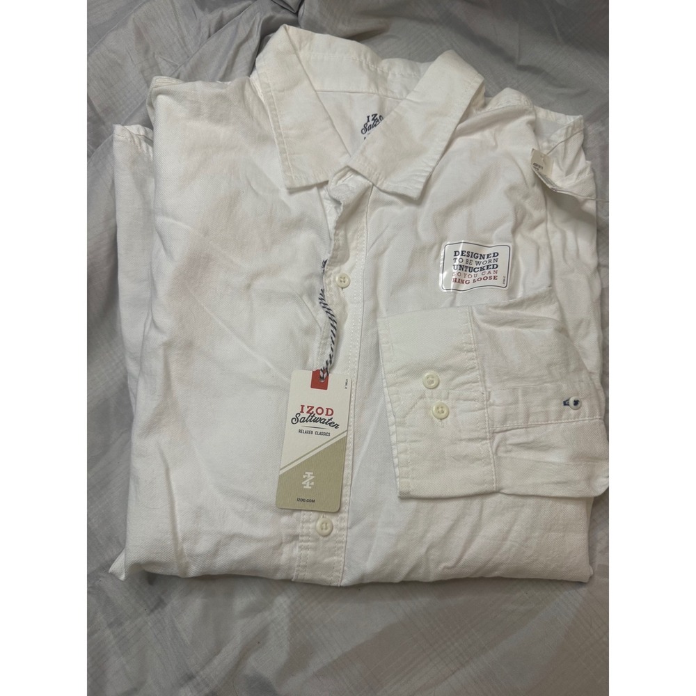 Izod Saltwater Relaxed Classics Mens XXL Slim Fit White Untucked Cotton Shirt